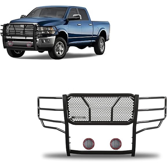 Black Horse RUGGED Heavy Duty Grille Brush Bumper Guard Modular Black Come With Pair of 5.3" Dia.LED Lights with Red Trim Rings Compatible with 2010-2018 Dodge Ram 2500/3500-RU-DORA10-B-PLFR