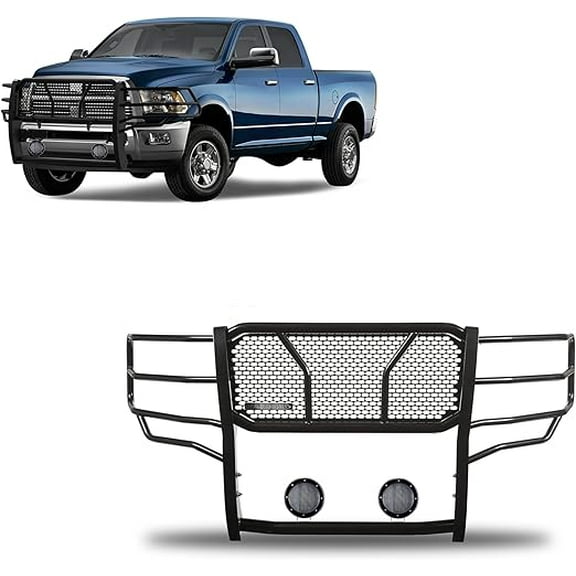 Black Horse RUGGED Heavy Duty Grille Brush Bumper Guard Modular Black Come with Pair of 5.3"LED Lights with Black Trim Rings Compatible with 2010-2018 Dodge Ram 2500/Ram 3500-RU-DORA10-B-PLFB