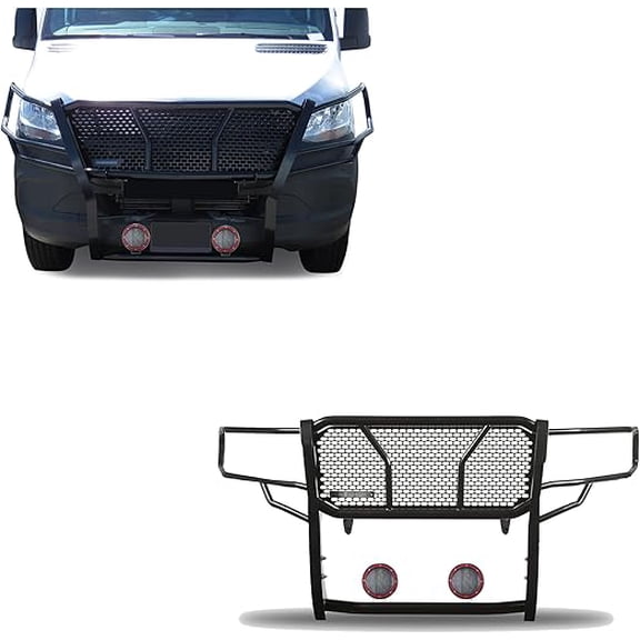 Black Horse RUGGED Heavy Duty Grille Brush Bumper Guard Modular Black Come With Pair of 5.3"LED Lights Compatible with 2019-2025 Dodge Sprinter-Benz Sprinter 1500/2500/3500-RU-DOSP19-B-PLFR