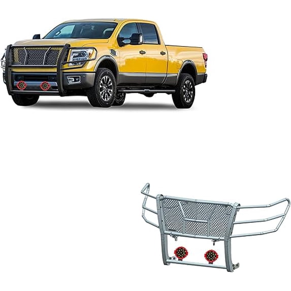 Black Horse RUGGED Heavy Duty Grille Brush Bumper Guard Modular Black Come With pair of 7.0"Dia.LED Lights with Red Trim Rings Compatible with 2017-2024 Nissan Titan XD-RU-NIXD16-B-PLR