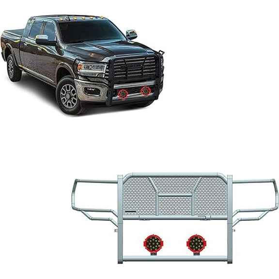 Black Horse RUGGED Heavy Duty Grille Brush Bumper Guard Modular Black Come With pair of 7.0"Dia.LED Lights with Red Trim Rings Compatible with 2019-2024 Ram 2500|2019-2024 Ram 3500-RU-DORA20-B-PLR