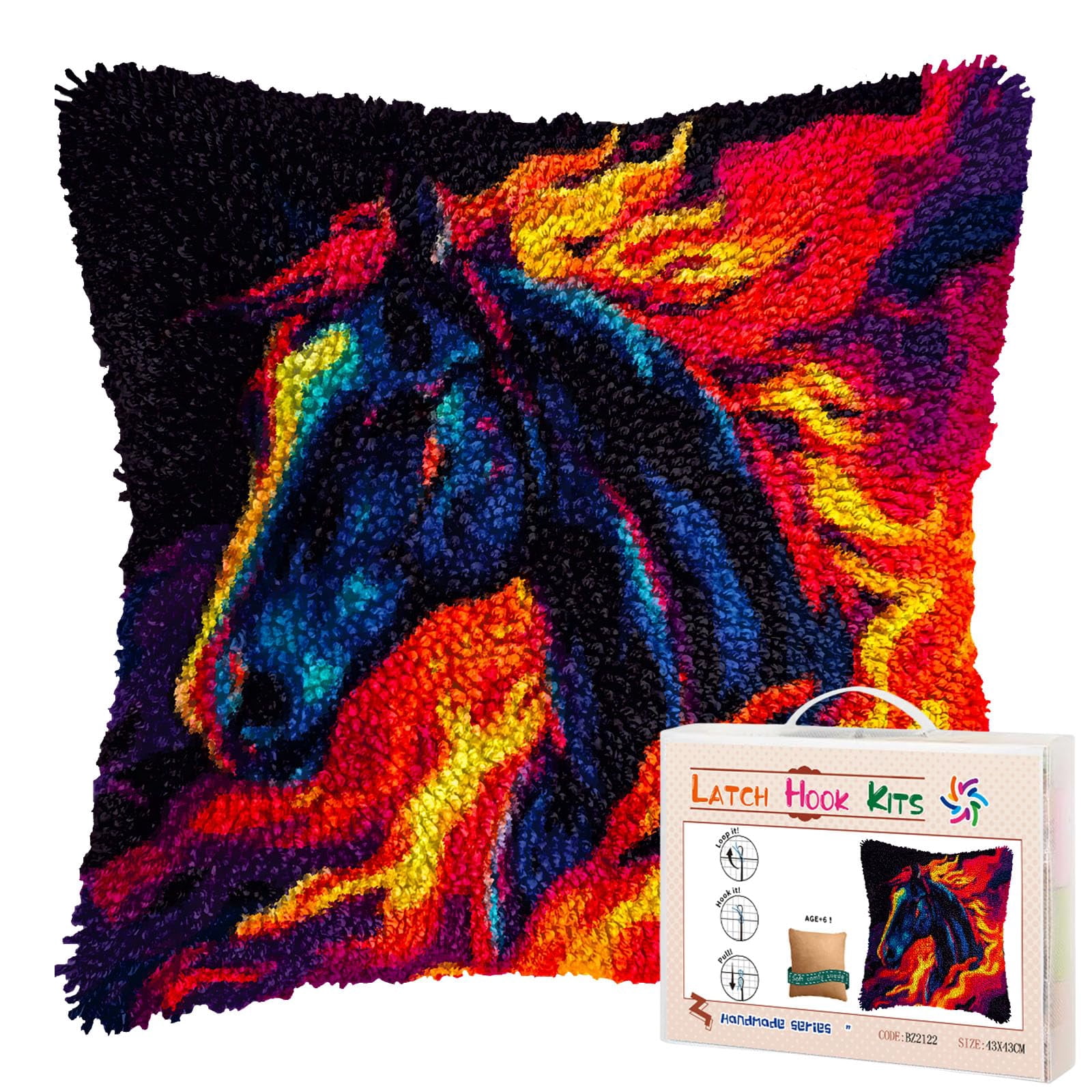 Black Horse in Red Fire Running DIY Latch Hook Pillow Kits for Adults Printed Pillowcase Crochet Yarns Hooking Handmade Pillow Cover Cushion for Home Sofa Decoration 17x17inch(1)