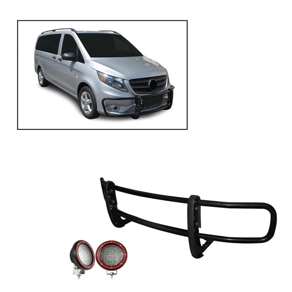 Black Horse SPARTAN Grille brush Bumper Guard Modular Black Come With Pair of 5.3" Dia.LED Lights with Red Trim Rings Compatible with 2016-2023 Mercedes-Benz Metris-17MBMEMA-PLFR