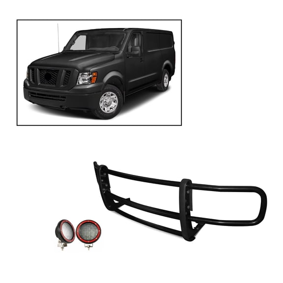 Black Horse SPARTAN Grille brush Bumper Guard Modular Black Come With Pair of 5.3"LED Lights with Red Trim Rings Compatible with 2012-2025 NV1500/NV2500/ NV3500-17NINVMA-PLFR