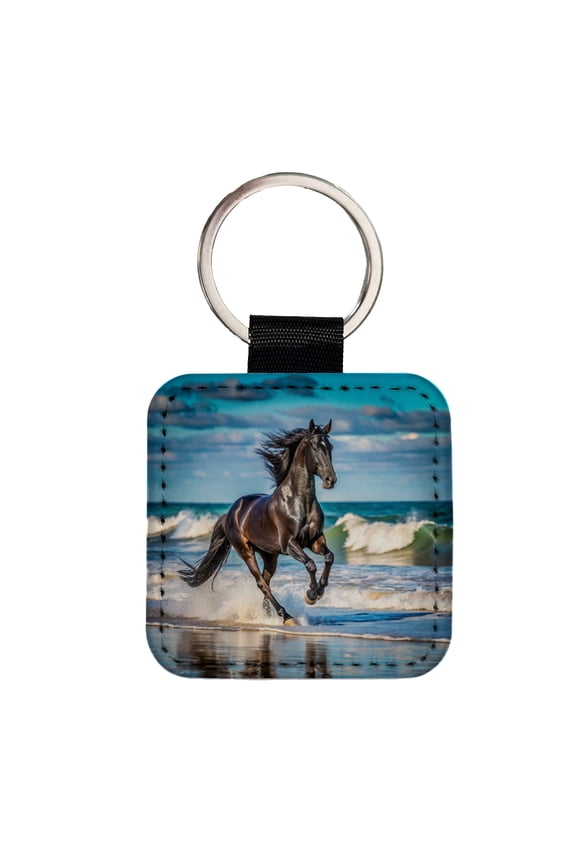 Black Horse Stallion Galloping On The Beach Faux Leather Square Keychain