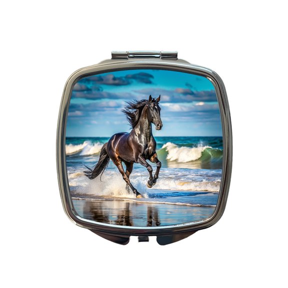 Black Horse Stallion Galloping On The Beach Travel Makeup Handbag Purse Small Pocket Compact Mirror
