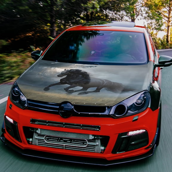 Black Horse in Stormy Landscape Car Hood Decal Sticker - Galloping Horse & Lightning Bolt Design, Fit PVC Vinyl Wrap, Splash-Resistant, Easy Peel & Stick for Trucks, SUVs, Sedans - Glossy Vehicle Cus