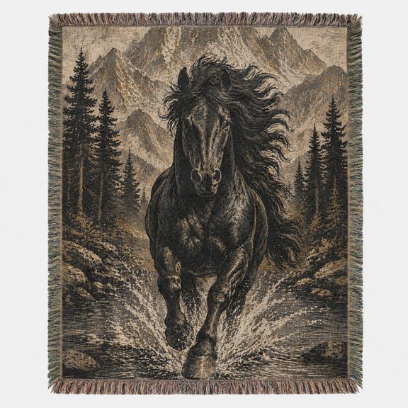 Black Horse Woven Cotton Throw Blanket with Fringe, Mountain Landscape Decor
