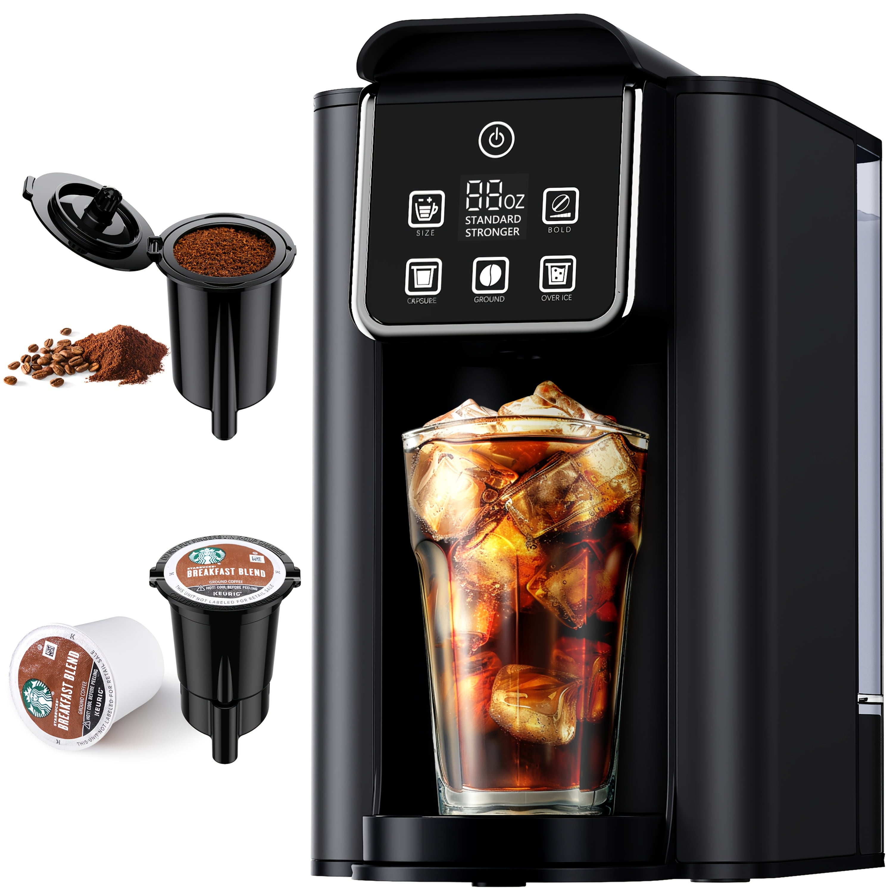 Hot & Iced Coffee Maker with Bold Setting, Single Serve Coffee Maker for K Cup and Grounds, 6-14oz Brew Sizes, 50oz Removable Water Tank, One Cup Coffee Machine with Reusable Filter, Black