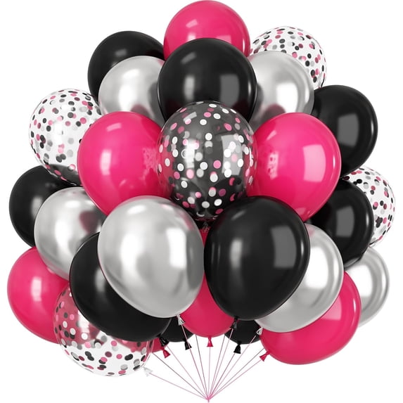Black and Hot Pink Balloons, 60pcs 12Inch Black and Hot Pink Balloons,Metal Silver and Confetti Balloon for Girl Boy Birthday Party Baby Shower Wedding Gender Reveal Decorations