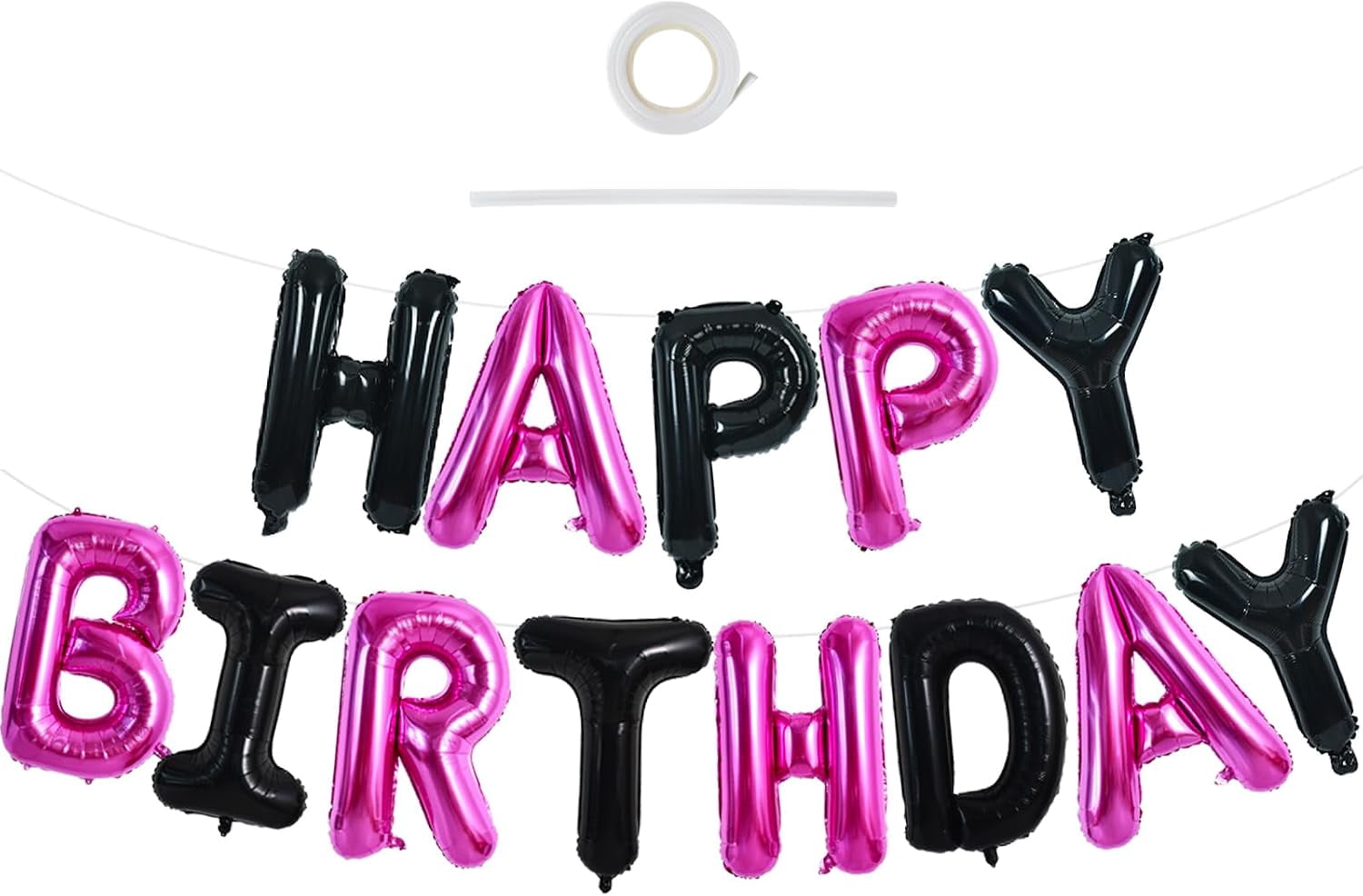 Black Hot Pink Happy Birthday Balloon Banner Decor for Women Girls | 16