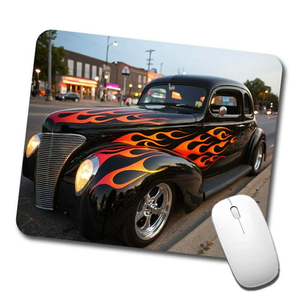 Black Hot Rod Classic Car With Flames Mouse Pad Low Profile Gaming Mat
