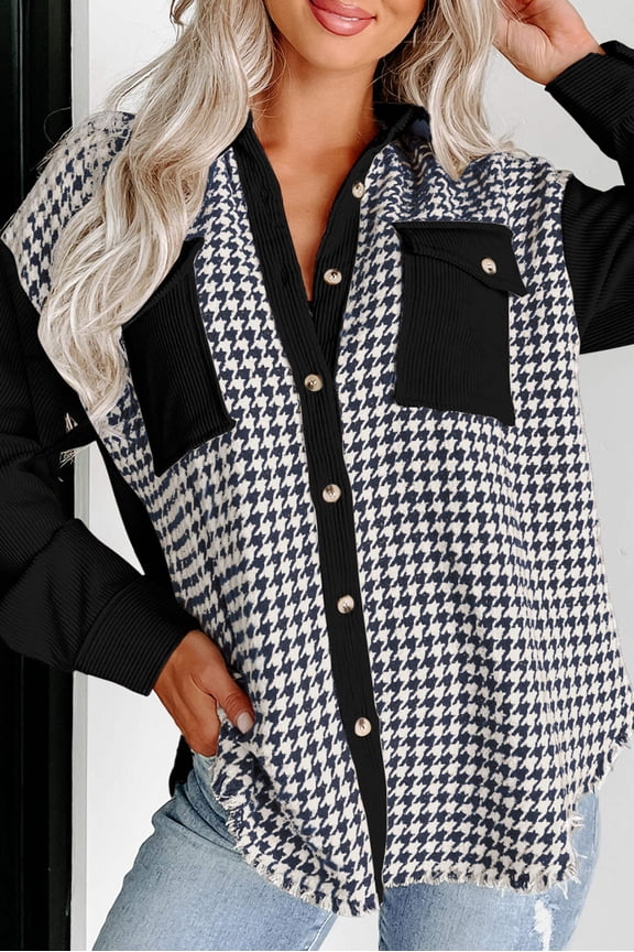 Black Houndstooth Corduroy Patchwork Flap Pocket Shacket