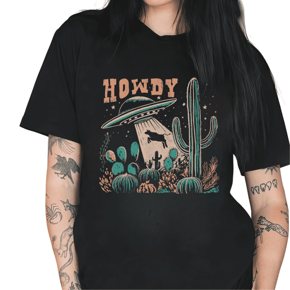 Black Howdy UFO Cowboy Cactus Desert Print Tshirt Graphic Tees Shirts Western Alien Funny Gift Casual Tops S-5XL