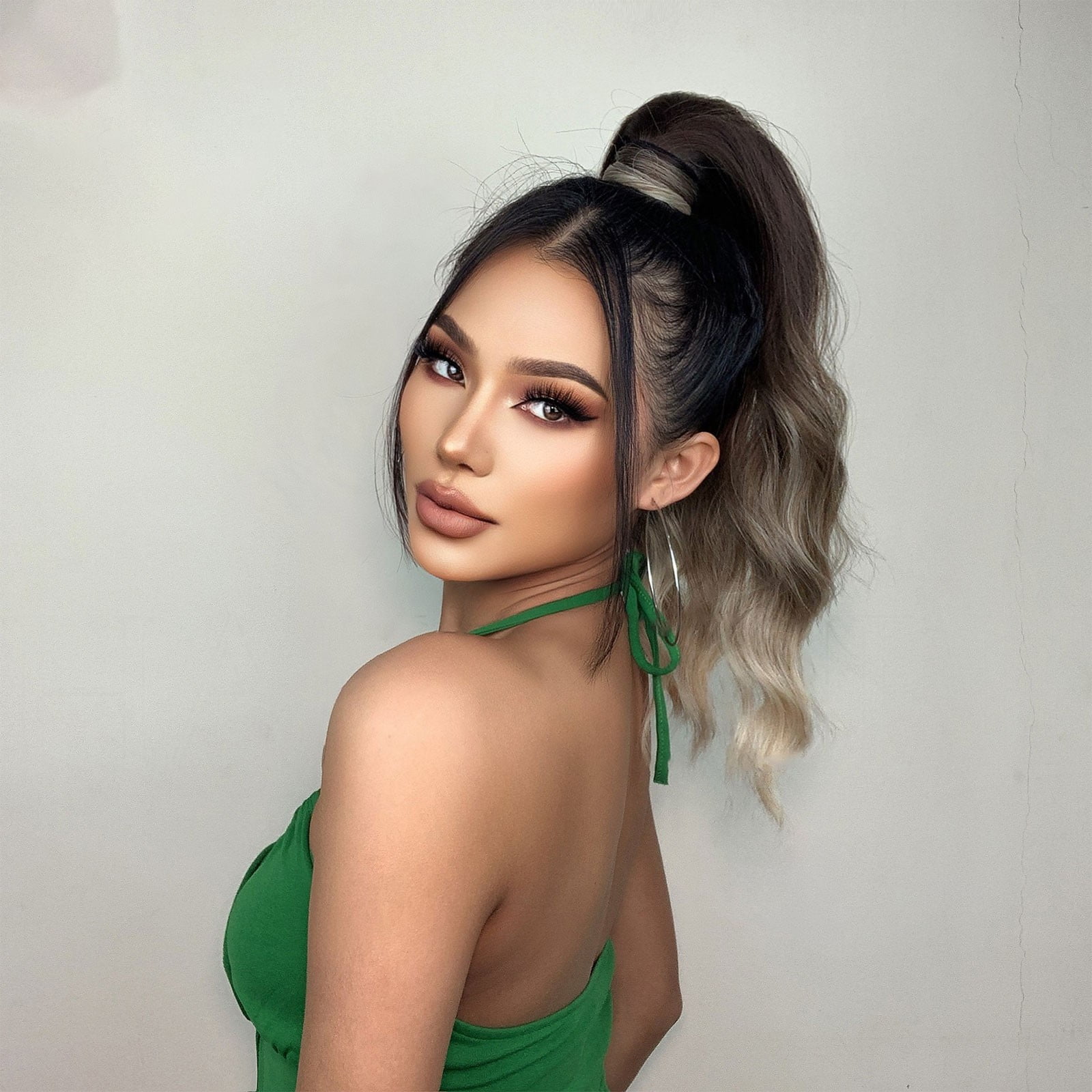 Black Human Hair Wigs For Women, Long Brown Gradient Light Gold Clip Ponytail High Temperature