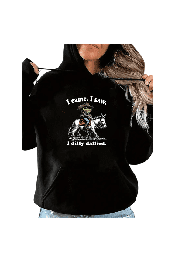 Black I Came. I Saw. I Dilly Dallied. T Shirt Retro Cowboy Frog Graphic Tee Trendy Daily Wear Tops Hooded long-sleeved Black S-2XL