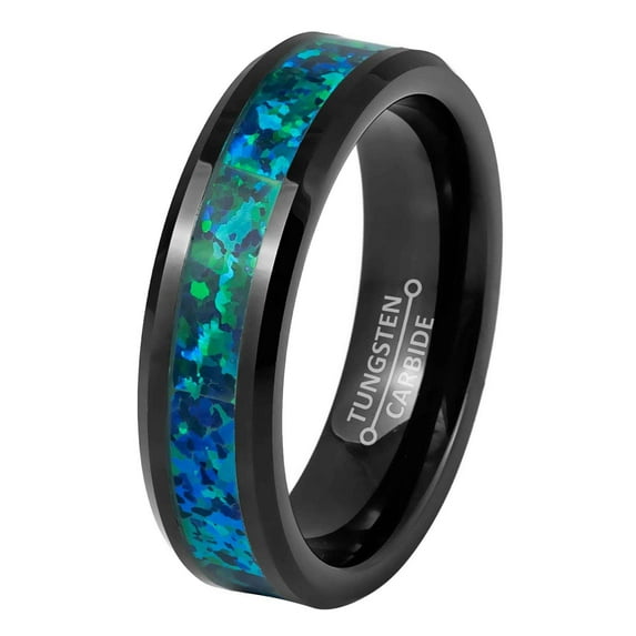 Jewelry Avalanche Green Galaxy Tungsten Ring, Black Beveled Tungsten Wedding Band, Comfort Fit 6MM