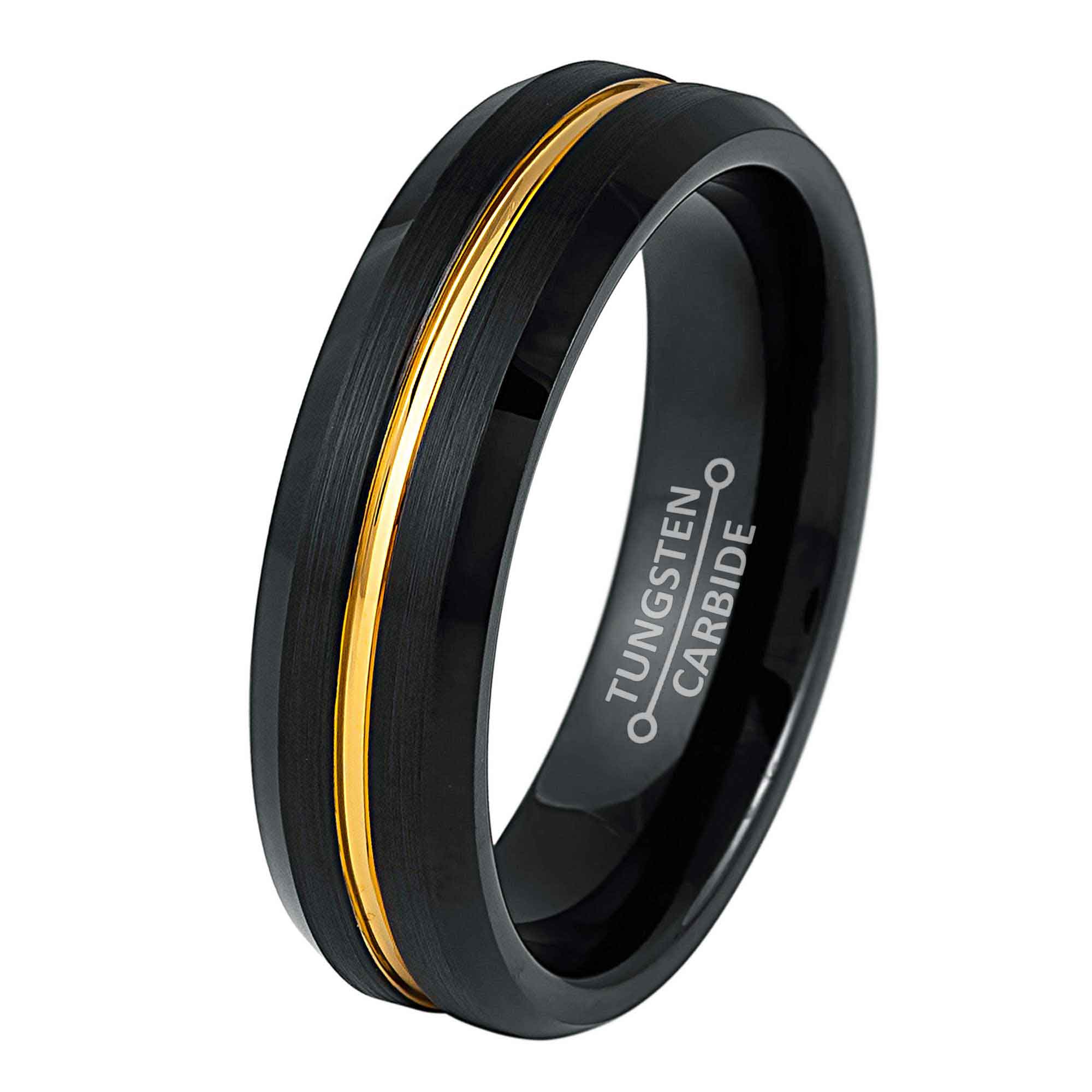 Black IP 6mm Beveled Edge with Yellow Gold Grooved Center Wedding Band ...