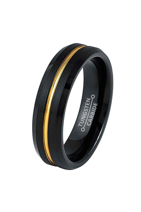2-Tone Black & Gold Tungsten Wedding Band, Grooved Center Trim, Comfort Fit 6MM