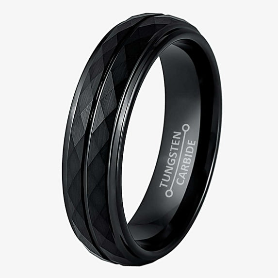 Jewelry Avalanche Faceted Black Tungsten Wedding Band, Mens Engagement Ring, 6MM Anniversary Band