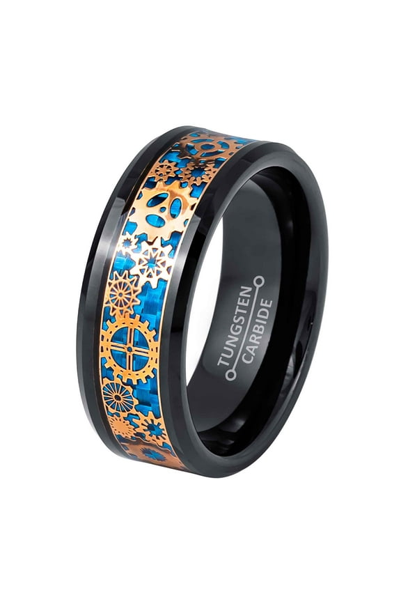 Engineer Inspired Wedding Band, Comfort Fit Black Tungsten Carbide, Steampunk Gear