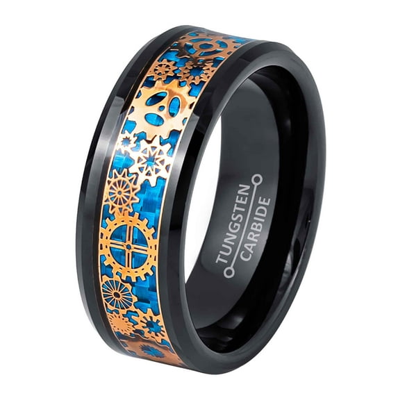 Jewelry Avalanche Engineer Inspired Wedding Band, Comfort Fit Black Tungsten Carbide, Steampunk Gear