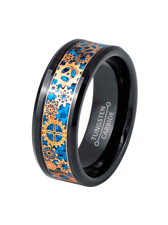 Black IP 8mm Beveled Edge Rose Gold Steampunk Gear Over Blue Carbon Fiber Inlay Wedding Band Comfort Fit - Mens Tungsten Carbide Ring - #1097s13
