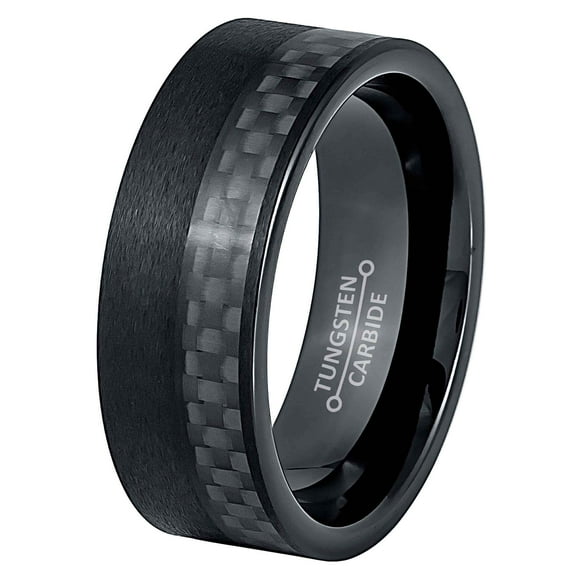 Jewelry Avalanche Mens Black Tungsten Ring, Carbon Fiber Inlay, Comfort Fit Engagement Band 8MM