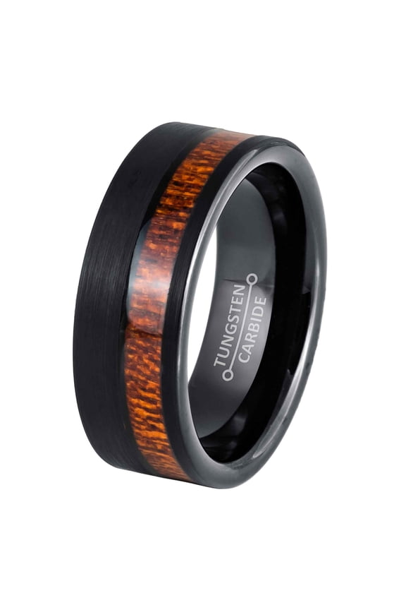 Koa Wood Inlay Tungsten Wedding Band, Black Pipe Cut Mens Engagement Band 8MM