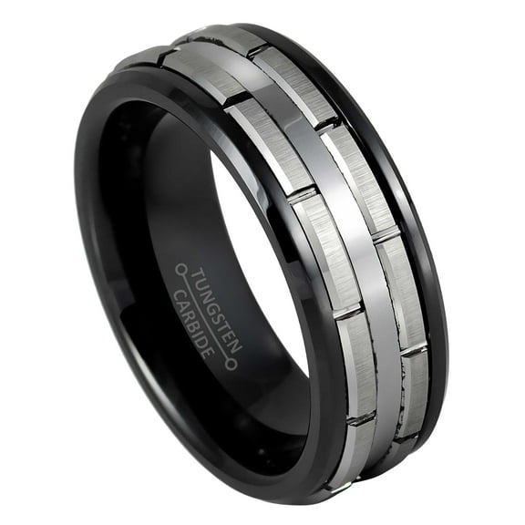 Black IP 8mm Low Beveled Patterned Gun Metal Wedding Band Comfort Fit - Mens Tungsten Carbide Ring - #1120s11