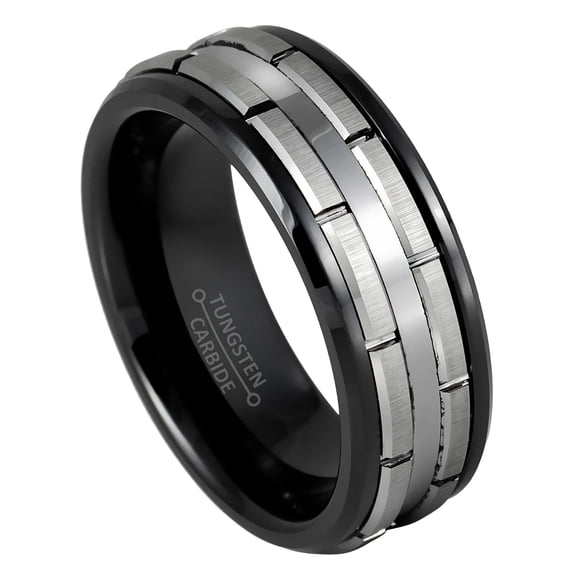 Black IP 8mm Low Beveled Patterned Gun Metal Wedding Band Comfort Fit - Mens Tungsten Carbide Ring - #1120s8.5
