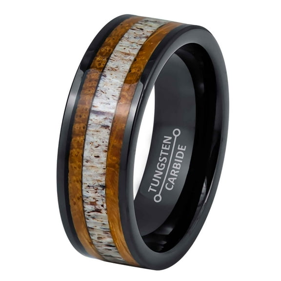 Jewelry Avalanche Whiskey Barrel and Deer Antler Inlay Wedding Band Mens Black Tungsten Carbide Ring
