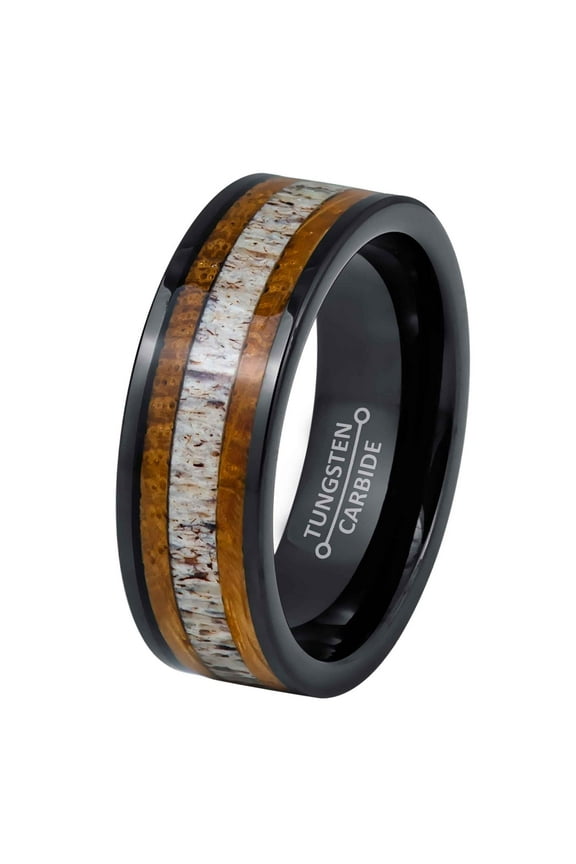Whiskey Barrel and Deer Antler Inlay Wedding Band Mens Black Tungsten Carbide Ring