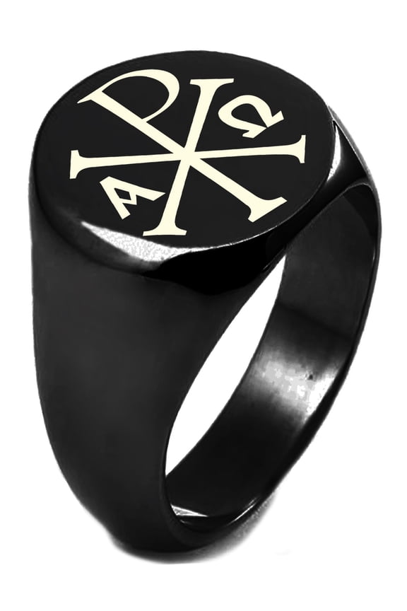 Black IP Plated Sterling Silver Chi Rho Alpha Omega Symbol Engraved Round Flat Top Polished Ring
