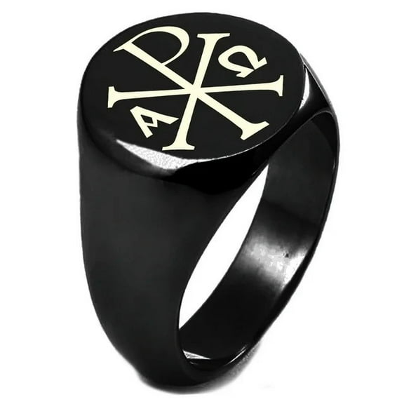 Tioneer Black IP Plated Sterling Silver Chi Rho Alpha Omega Symbol Engraved CZ Round Flat Top Polished Ring