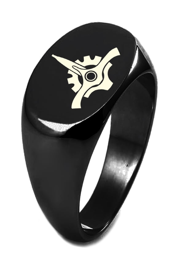 Black IP Plated Sterling Silver Star Wars Galactic Senate Symbol Engraved Oval Flat Top Polished Ring