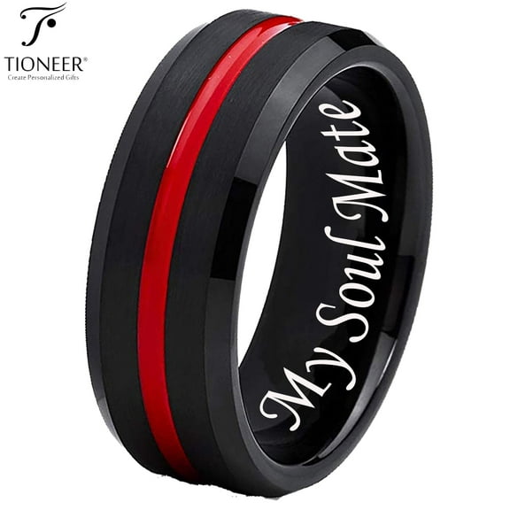 Black IP Tungsten Ring w/ Distinct Blue or Red Center Line 8mm Comfort Fitw/ Free Engraving Options