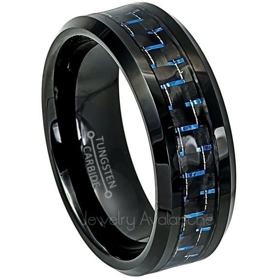 Black IP Tungsten Wedding Ring - Band for Mens & Womens - 8mm Black & Blue Carbon Fiber Inlay - 2-Tone Comfort Fit Tungsten Carbide Ring TN770s10