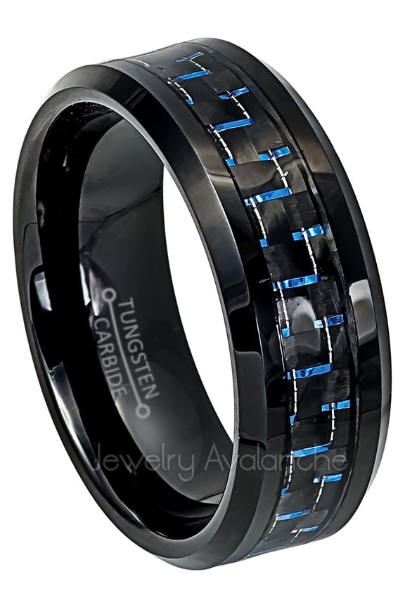Black IP Tungsten Wedding Ring - Band for Mens & Womens - 8mm Black & Blue Carbon Fiber Inlay - 2-Tone Comfort Fit Tungsten Carbide Ring TN770s13