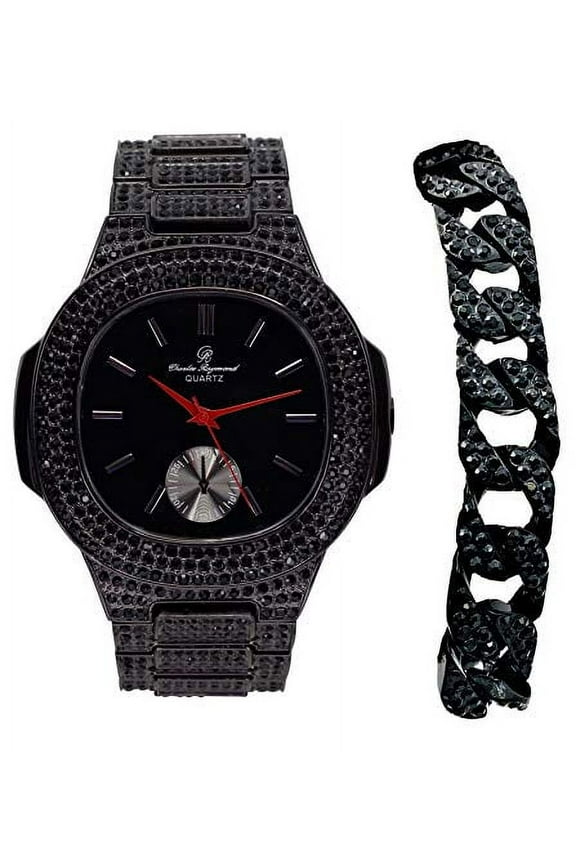 Black Ice Bling with Blood Red Hour, Minute and Second Hands - Strength on Blast Oblong Designer Timepiece - 8475BC Cuban (ST10325BR Blood Black Panther)