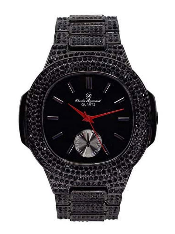 Black Ice Bling with Blood Red Hour, Minute and Second Hands - Strength on Blast Oblong Designer Timepiece - 8475Color (ST10325BR Blood Black Panther)