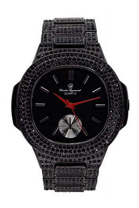 Black Ice Bling with Blood Red Hour, Minute and Second Hands - Strength on Blast Oblong Designer Timepiece - 8475Color (ST10325BR Blood Black Panther)