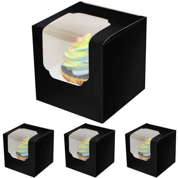 Black Individual Cupcake Boxes 100 Pack with Inserts