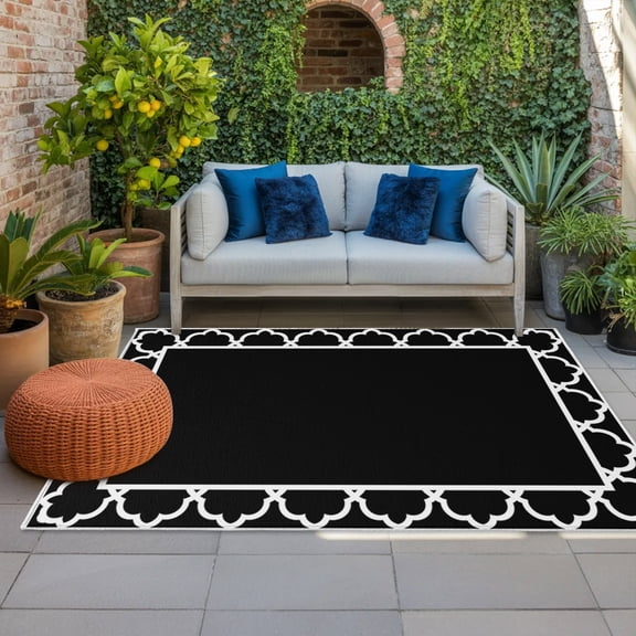 Black Indoor Outdoor Rugs 4x6 Ft, Geometric Morocco Printed Border Modern Rustic Noir Dark Outdoor Patio Rugs Mat Washable Outside Area Rugs Carpet for Porch Deck RV Camping Pool Balcony Backyard