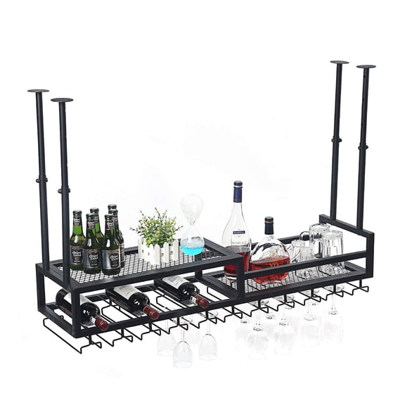 Black Industrial Ceiling-Mounted Wine Rack With Stemware & Bottle Holders
