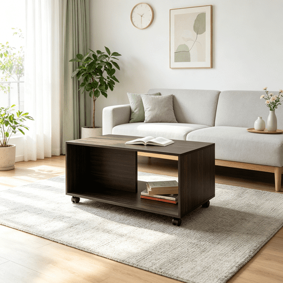 Black Industrial Coffee Table on Wheels, Storage Console Table for Living Space