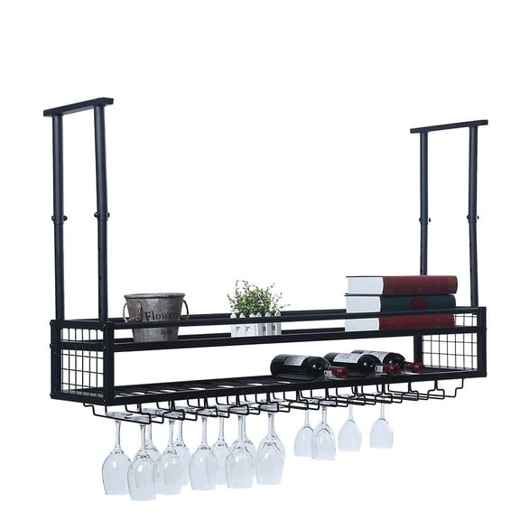 Black Industrial Hanging Wine Rack With Shelf And Glass Holder, 47.2 Inch