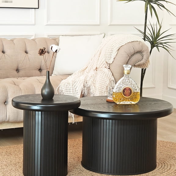 Black Industrial Round Coffee Table Set Fluted Legs for Home Styling