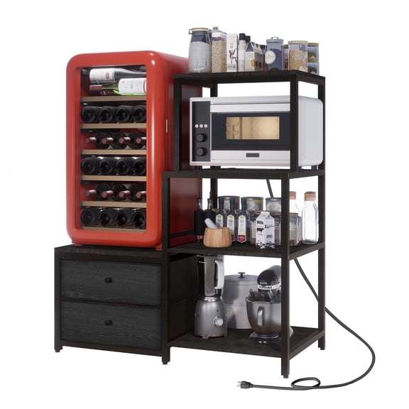 Black Industrial-Style Bakers Rack with Wine Fridge & Power Outlet