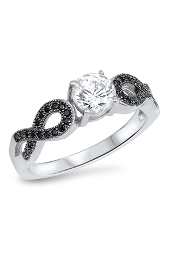 Black Infinity Knot Round Clear CZ Ring .925 Sterling Silver Band White Jewelry Female Size 9